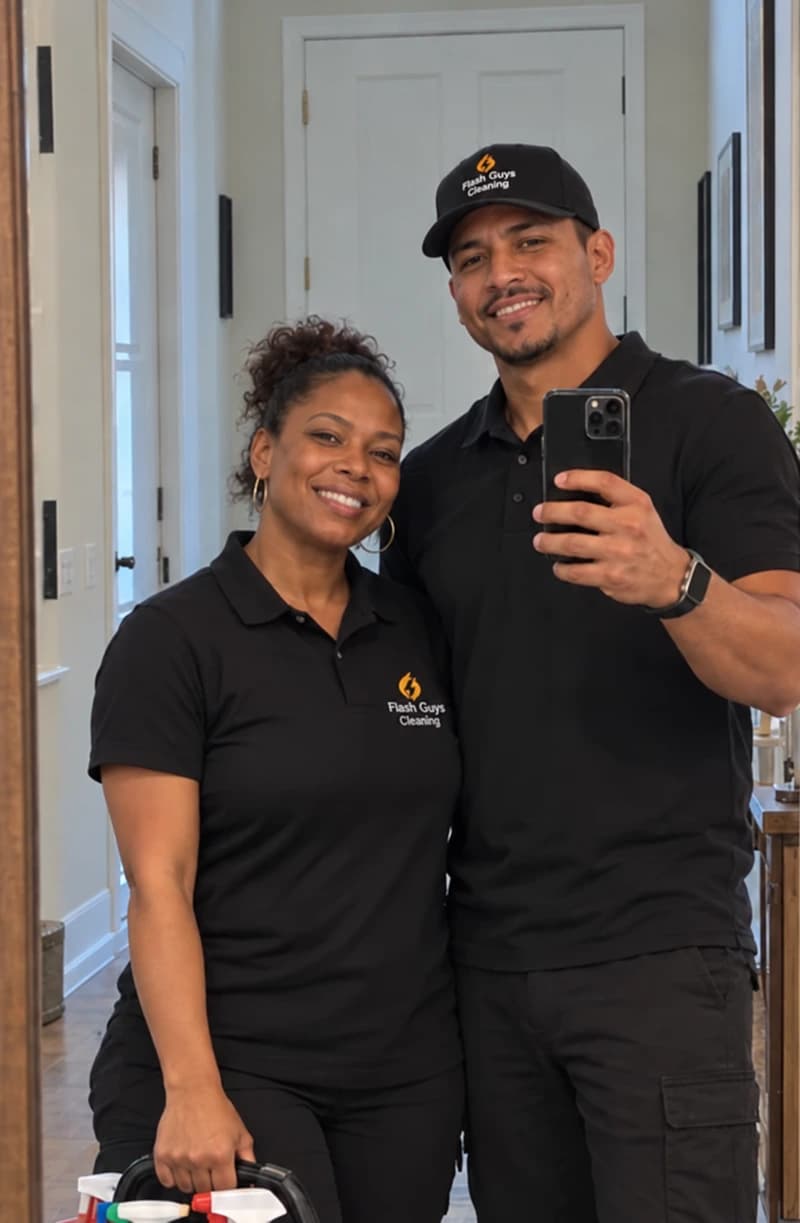 Joyce and Marcus, a Flash Guys Cleaning family team, in uniform