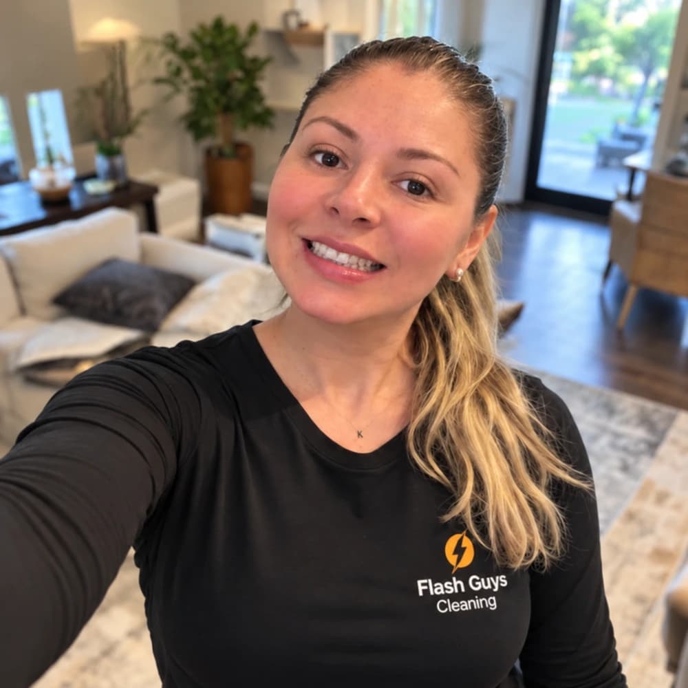 Karolla, co-founder of Flash Guys Cleaning, wearing the company uniform