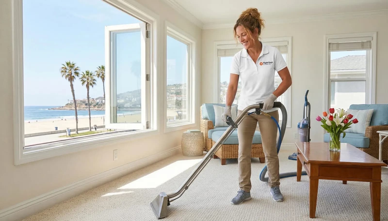 Flash Guys cleaner vacuuming the carpet of a beachfront home in Redondo Beach, South Bay, with an ocean view