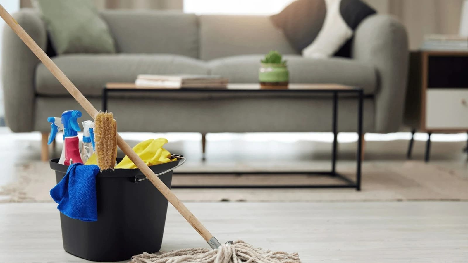 Cleaning bucket with supplies and a mop on the floor in front of a living room sofa
