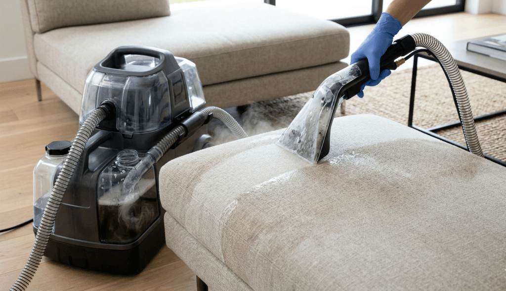 Professional deep extraction machine cleaning a light-colored sofa, showing the visible difference between the dirty and cleaned fabric