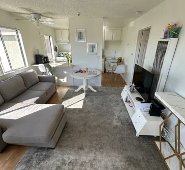Bright and clean Los Angeles studio apartment with sectional sofa, gray rug, white TV stand, and small kitchen area.